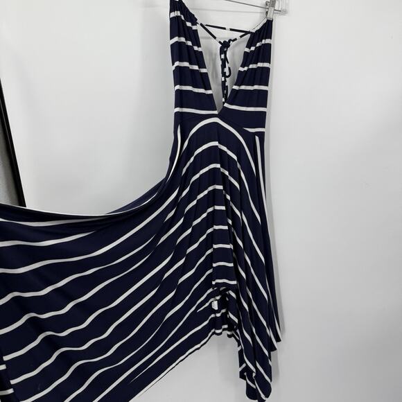 Elan Beach String Halter Dress medium Navy Blue Striped Asymmetrical Hem Midi - Picture 6 of 11